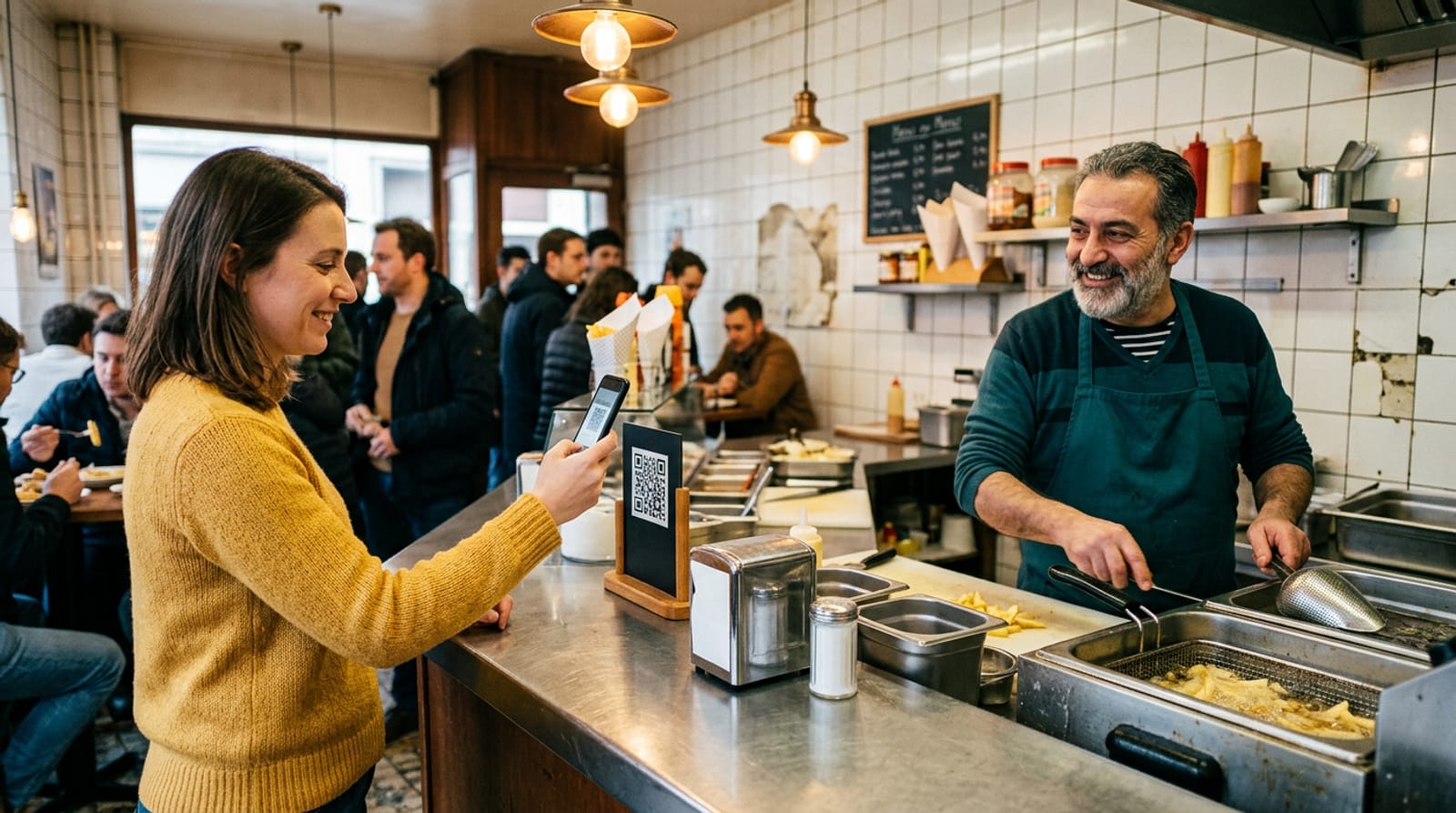 Image générée d'un client qui scanne un QR code sur le comptoir d'une friterie, le patron souriant derrière