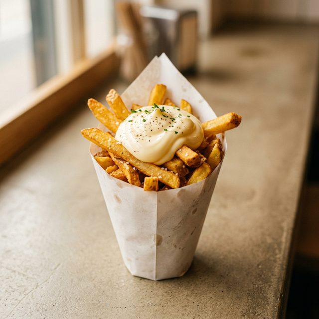 Image générée d'un cornet de frites avec de la mayonnaise