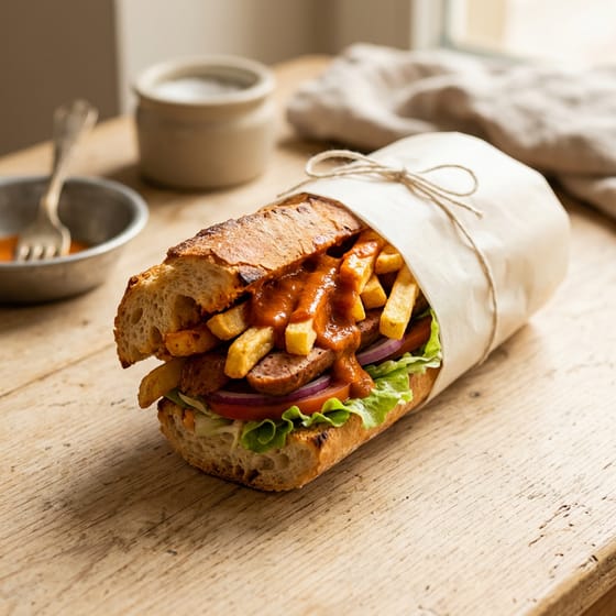 Image générée d'une mitraillette, une baguette garnie de viande et de frites